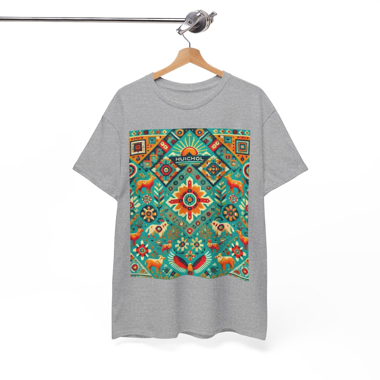 Huichol Nature's Symphony Unisex Tee - Sun and Flora Pattern - Large Design - 100% Cotton - Sustainable and Ethically Made - Express Delivery Available