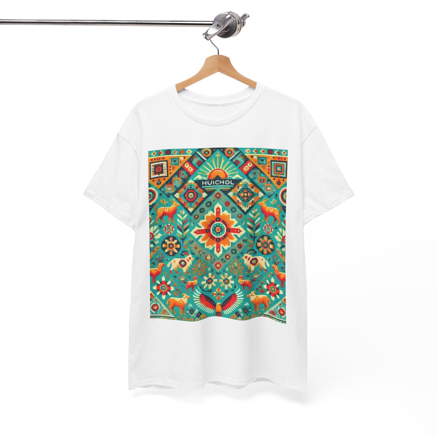 Huichol Nature's Symphony Unisex Tee - Sun and Flora Pattern - Large Design - 100% Cotton - Sustainable and Ethically Made - Express Delivery Available