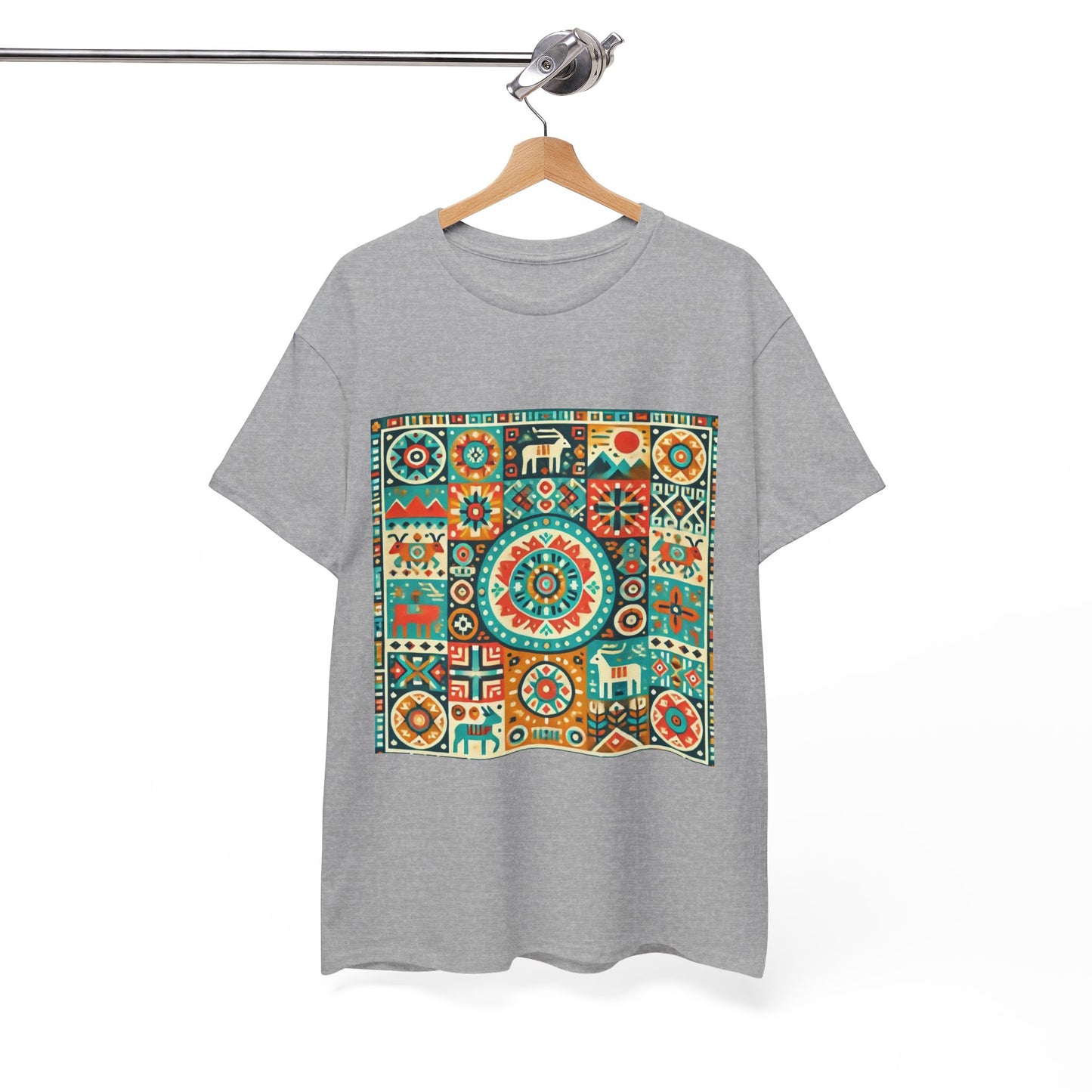 Huichol Geometric Harmony Unisex Tee - Vibrant Mosaic Pattern - Medium Design - 100% Cotton - Sustainable and Ethically Made - Express Delivery Available