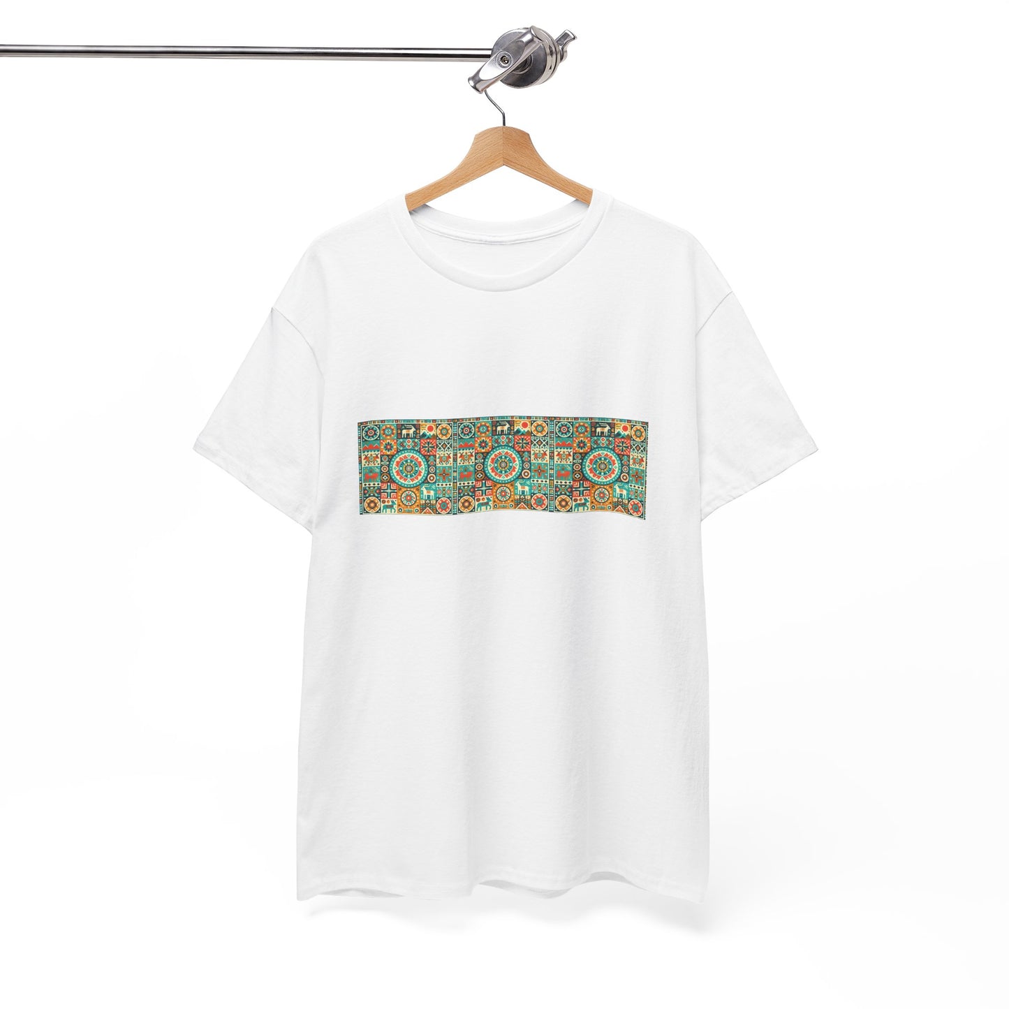 Huichol Geometric Harmony Unisex Tee - Vibrant Mosaic Pattern - Triple Small Design - 100% Cotton - Sustainable and Ethically Made - Express Delivery Available