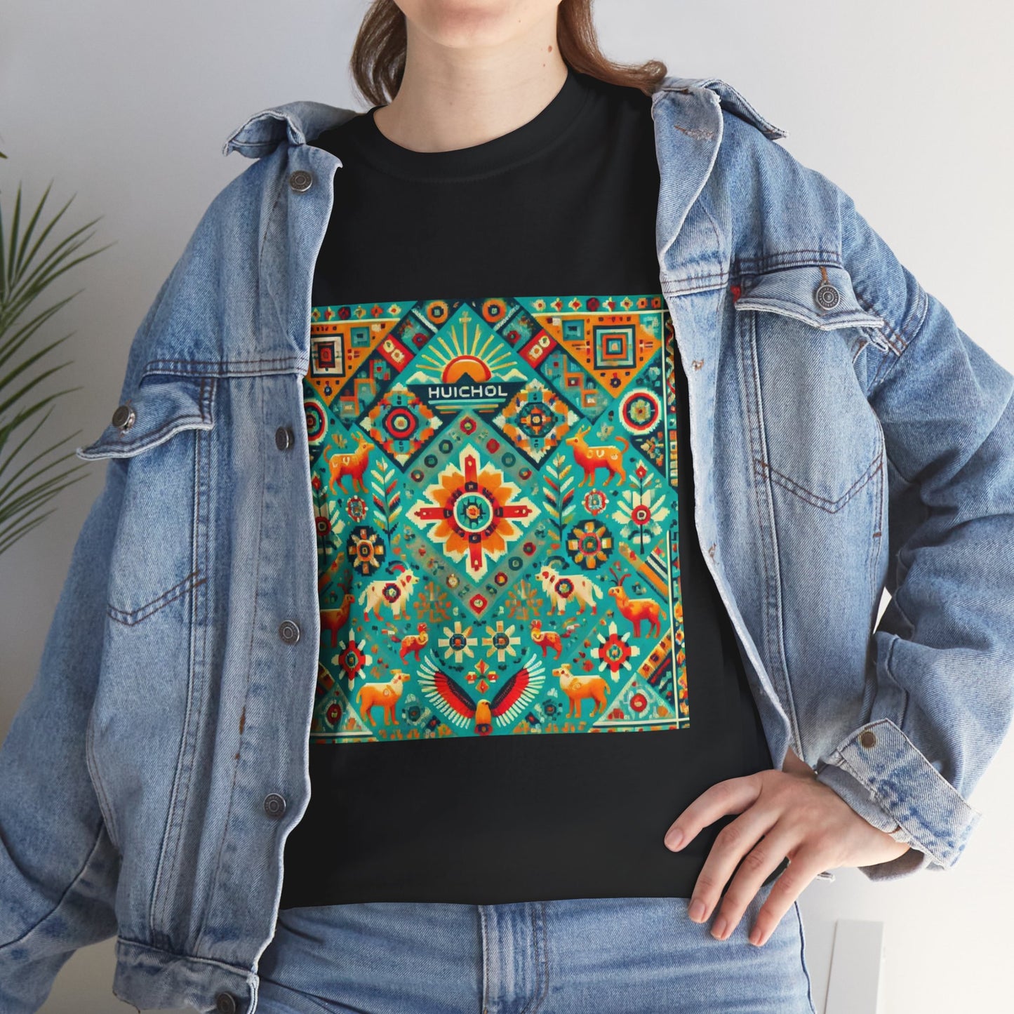 Huichol Nature's Symphony Unisex Tee - Sun and Flora Pattern - Medium Design - 100% Cotton - Sustainable and Ethically Made - Express Delivery Available